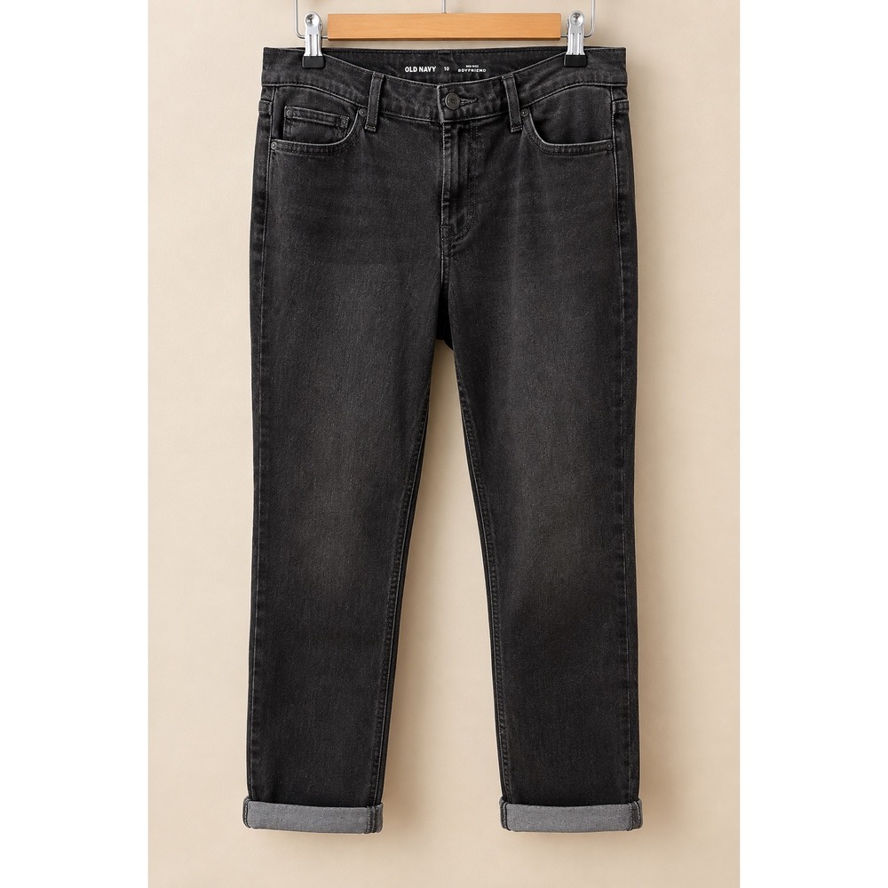 Old Navy Wow Boyfriend Jeans Womens 10 Mid-Rise Washed Black Denim Cuffed Pant